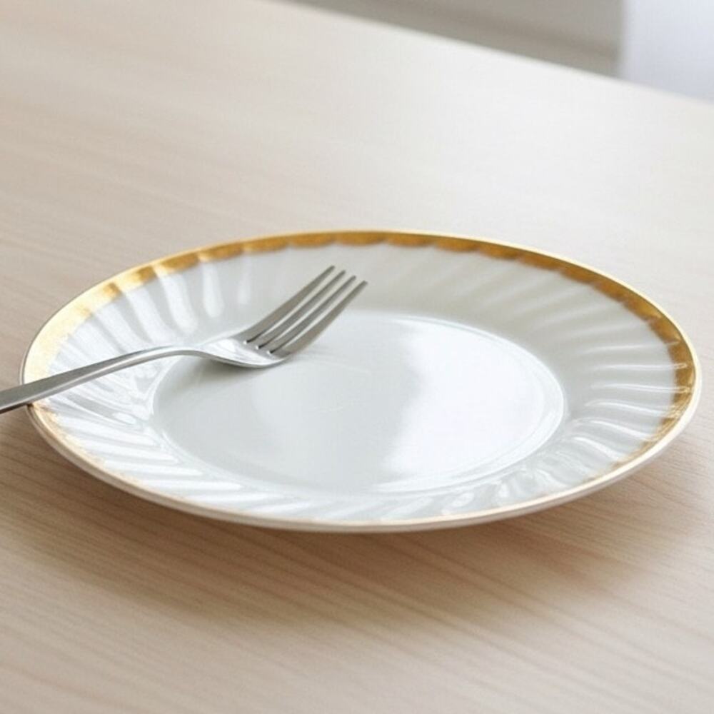 Retro Fire King White Milk Glass Dinner Plate 22K Gold Rim Ovenware